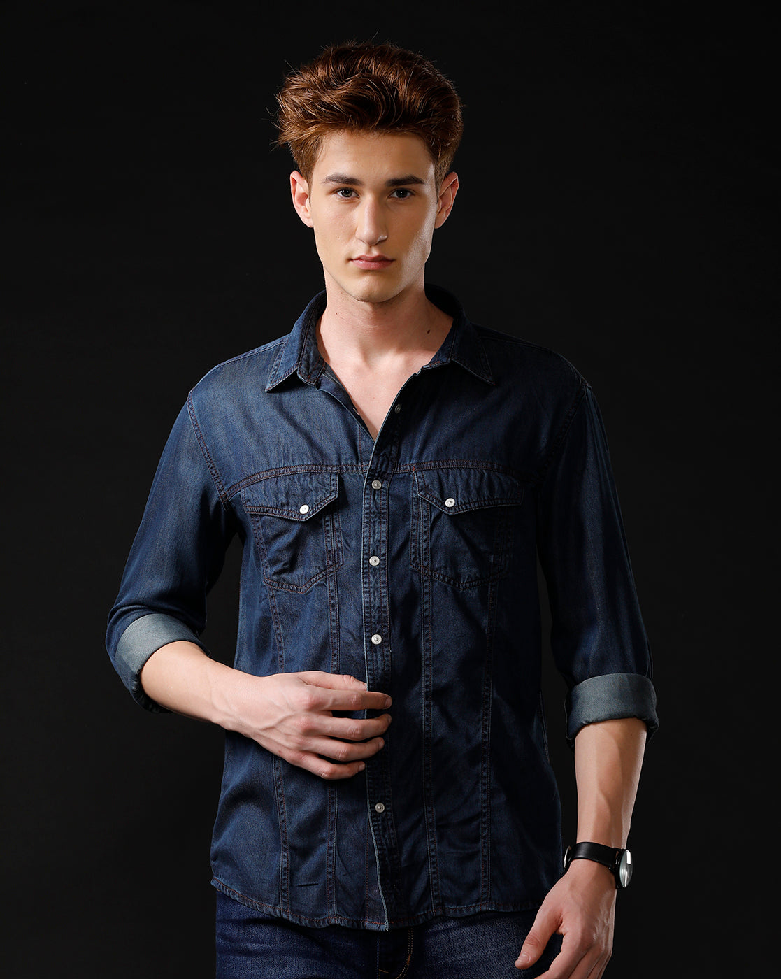 Men's Slim Fit Solid Denim Casual Shirt (APACE)