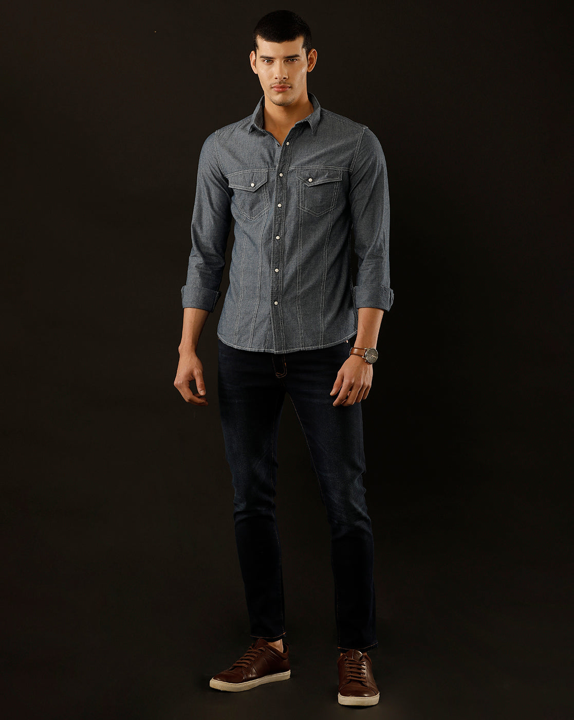 Men's Slim Fit Solid Denim Casual Shirt (ASMAT)