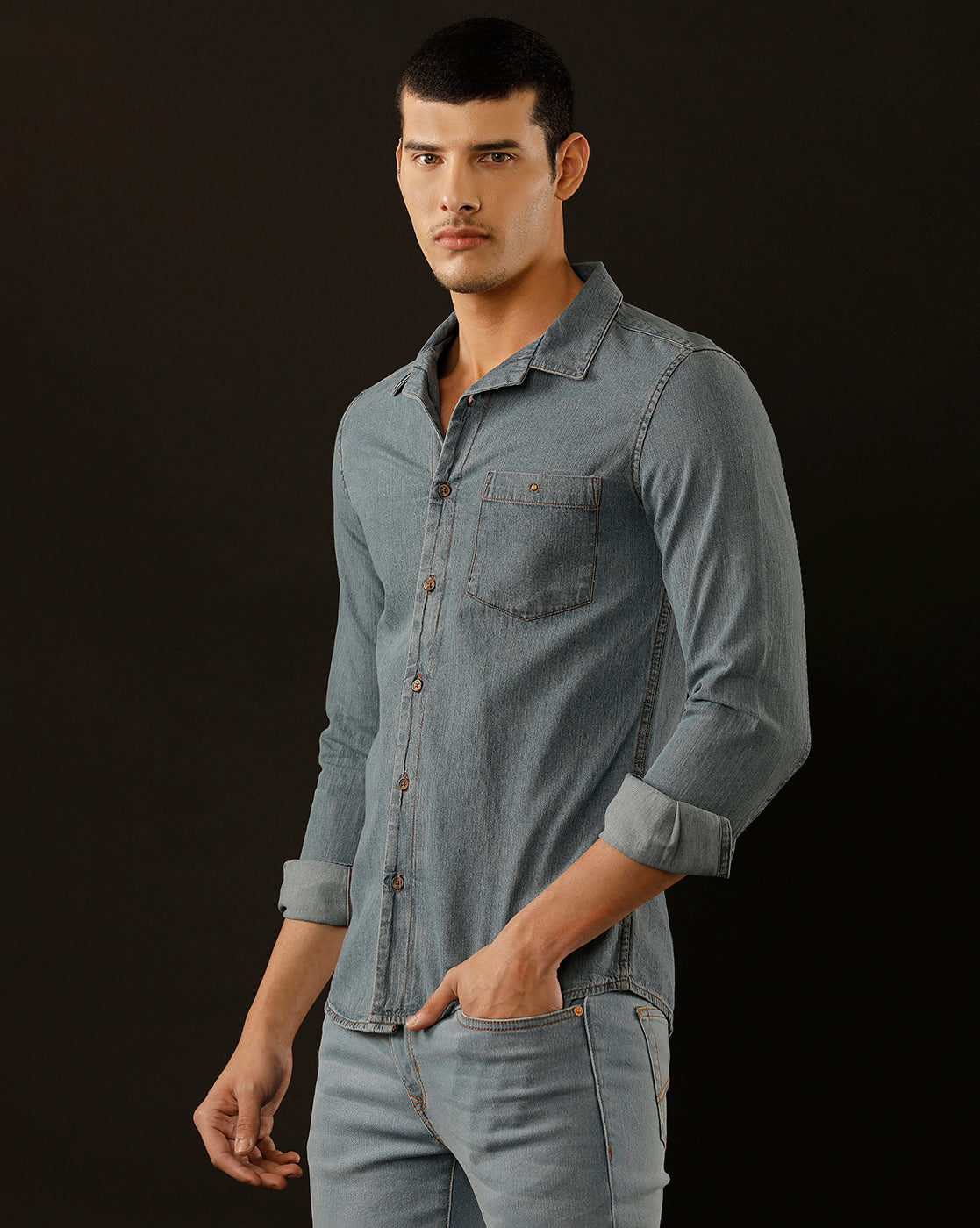 Men's Slim Fit Solid Denim Casual Shirt (CUDDS)
