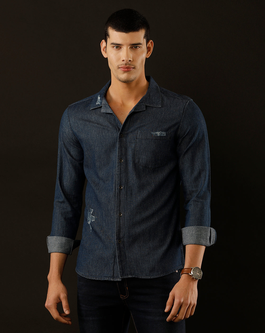 Men's Slim Fit Solid Denim Casual Shirt (CULEX)
