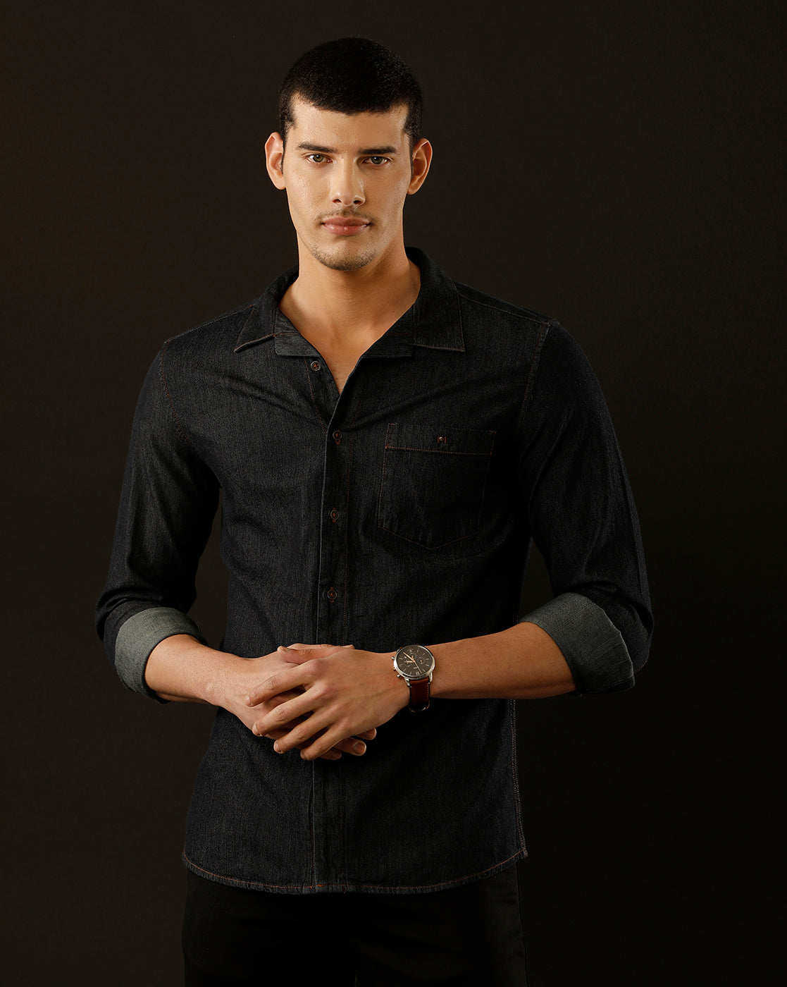 Men's Slim Fit Solid Denim Casual Shirt (CUPPS)