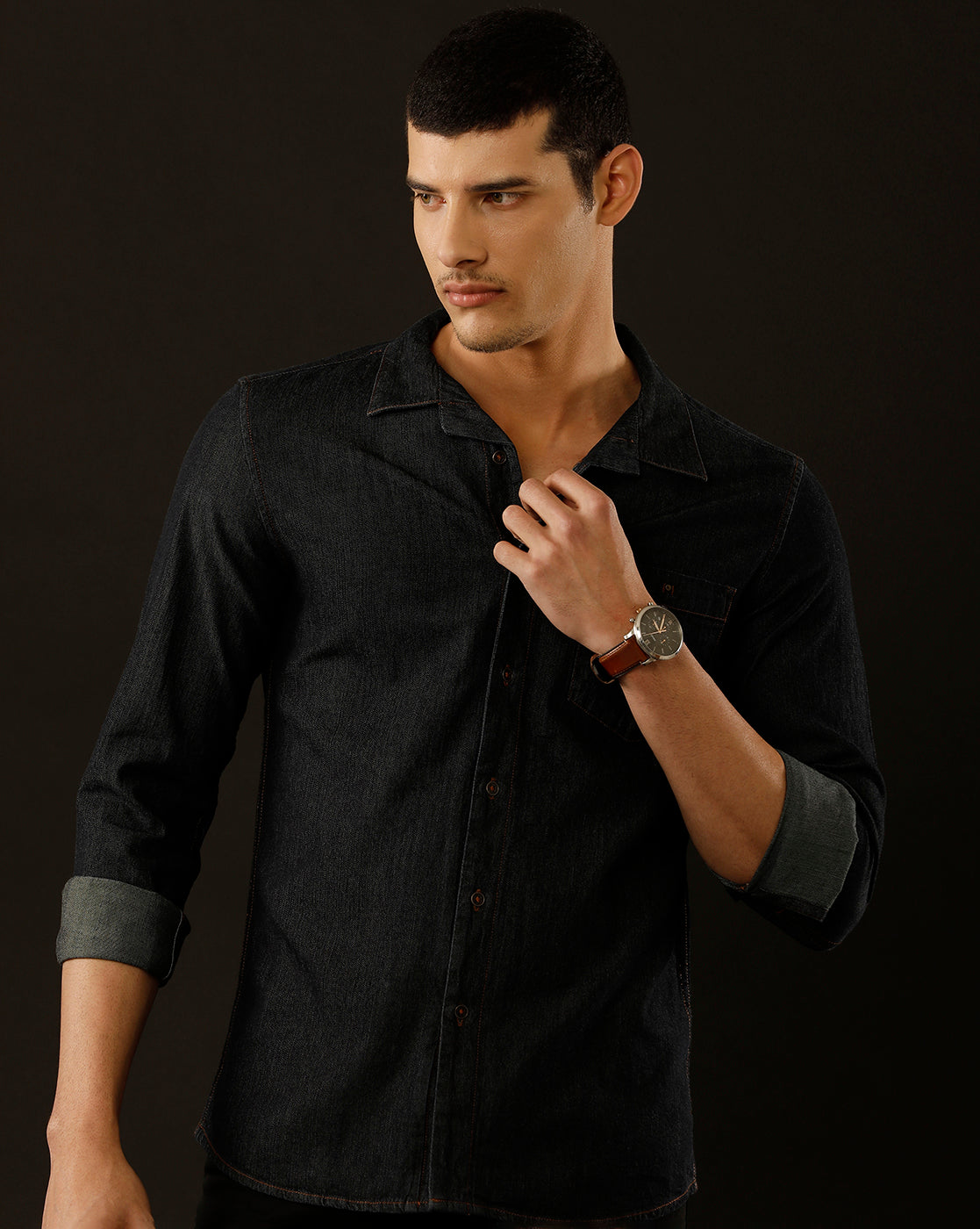 Men's Slim Fit Solid Denim Casual Shirt (CUPPS)