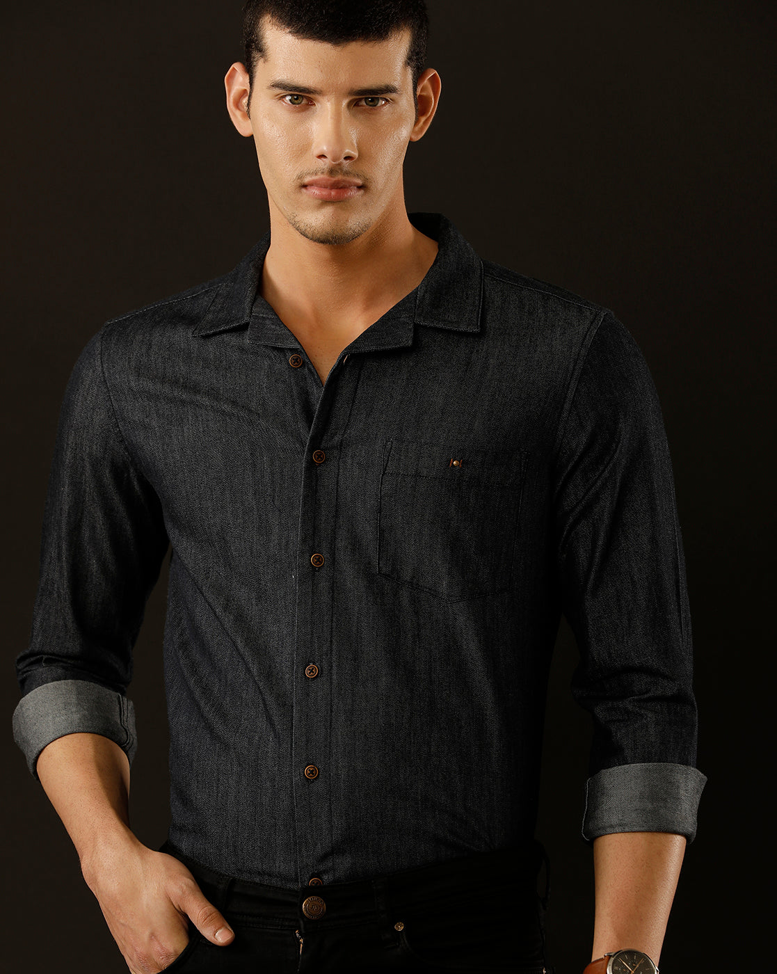 Men's Slim Fit Solid Denim Casual Shirt (CUSAN)