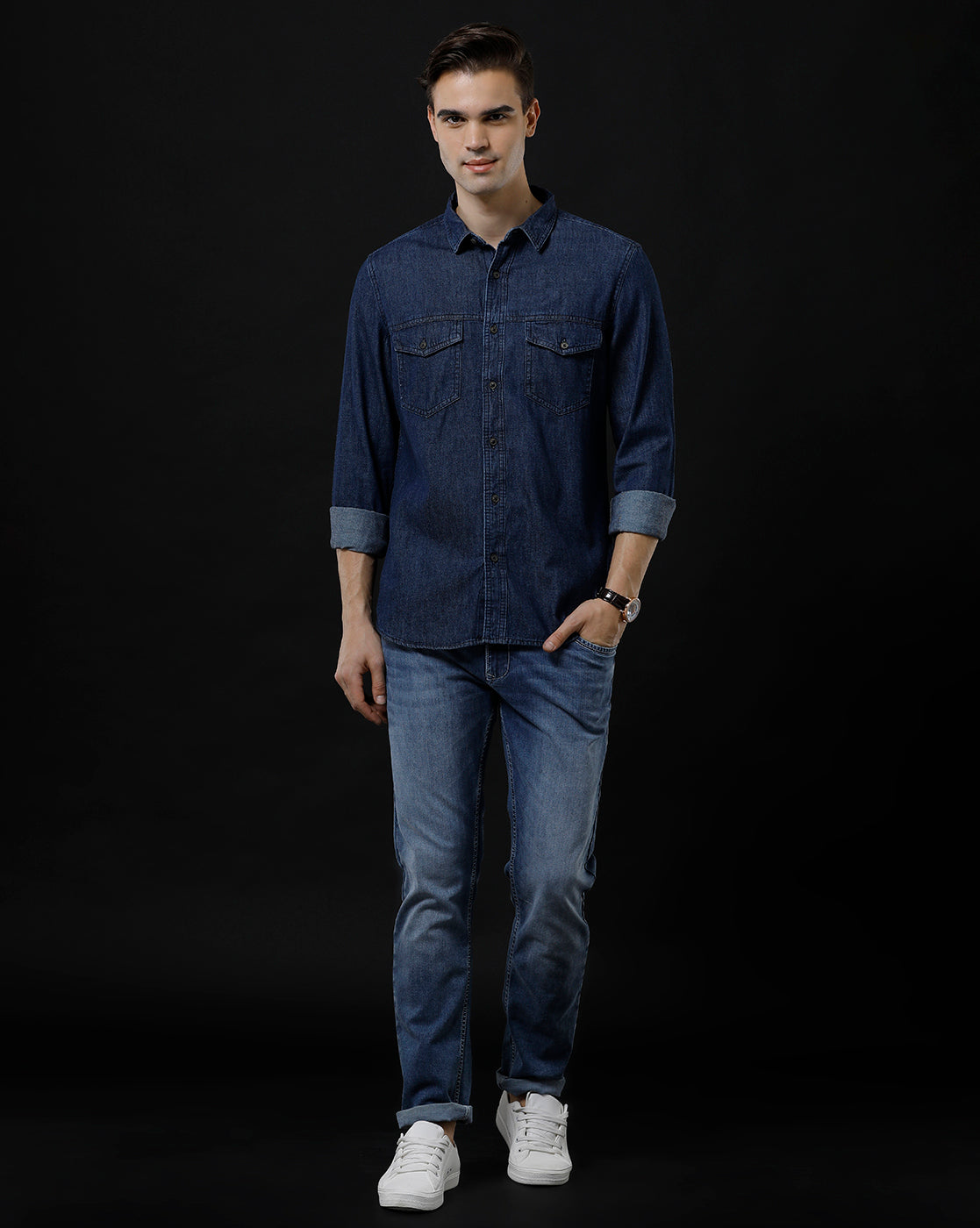 Men's Slim Fit Solid Denim Casual Shirt (DRAIN)