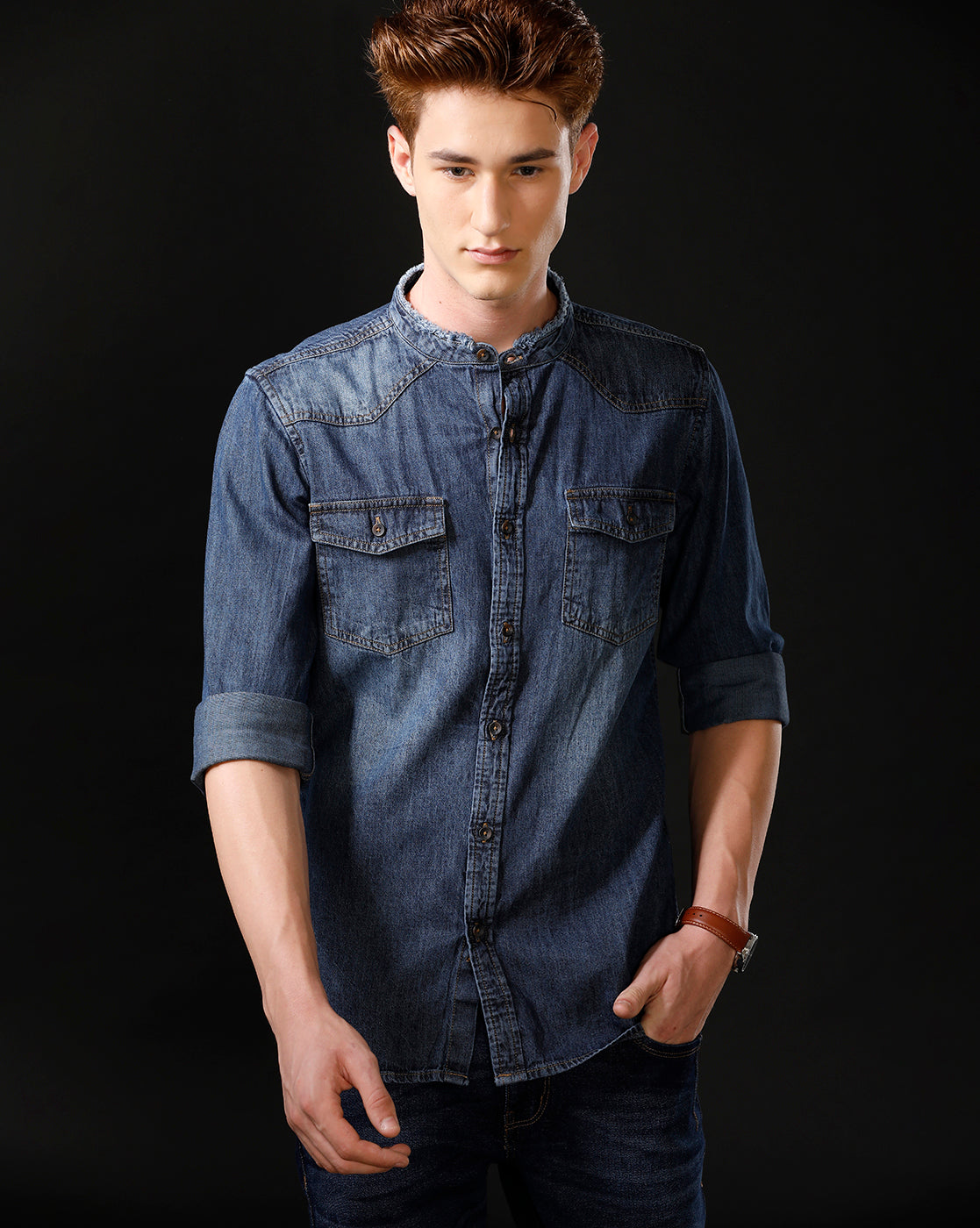 Men's Slim Fit Solid Denim Casual Shirt (MADOP)
