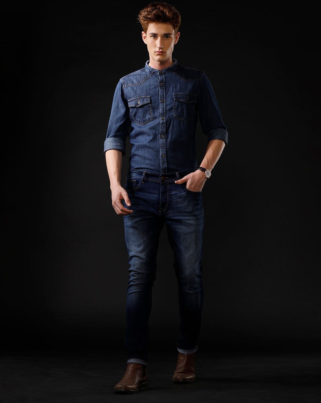 Men's Slim Fit Solid Denim Casual Shirt (MADIS)
