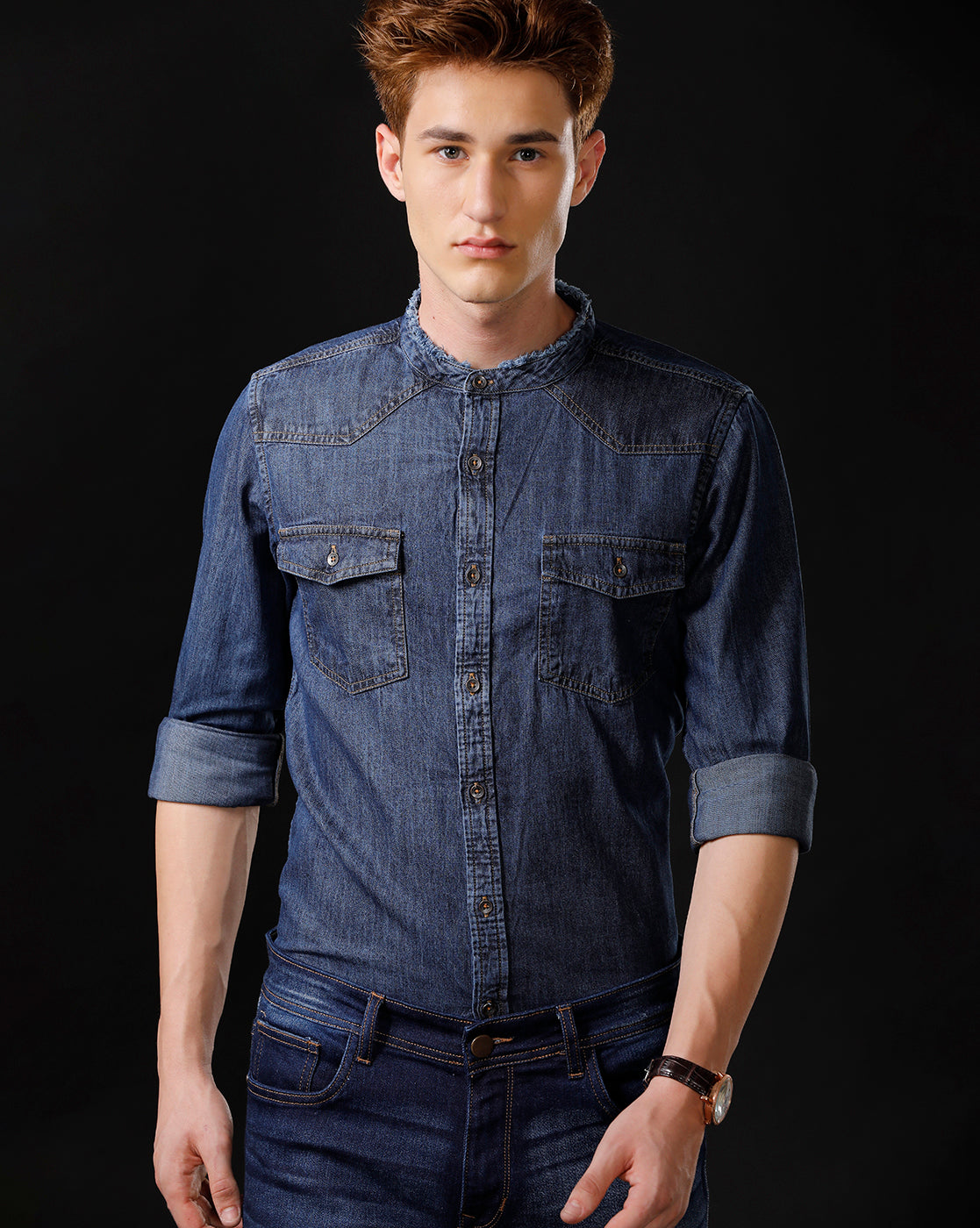 Men's Slim Fit Solid Denim Casual Shirt (MADIS)