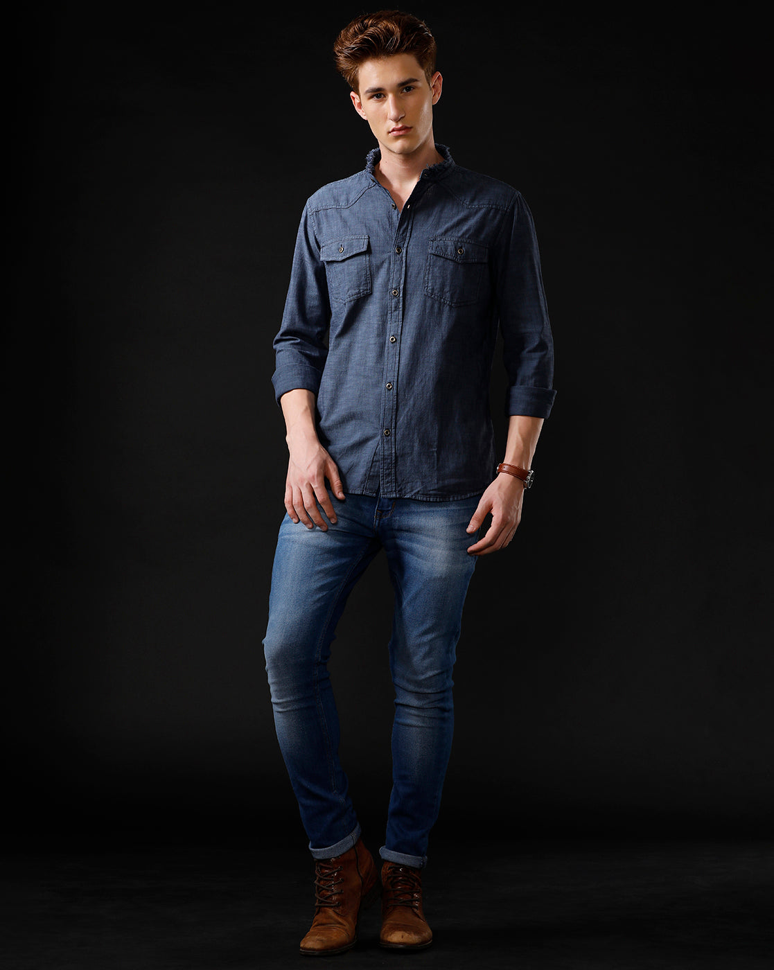 Men's Slim Fit Solid Denim Casual Shirt (MADON)