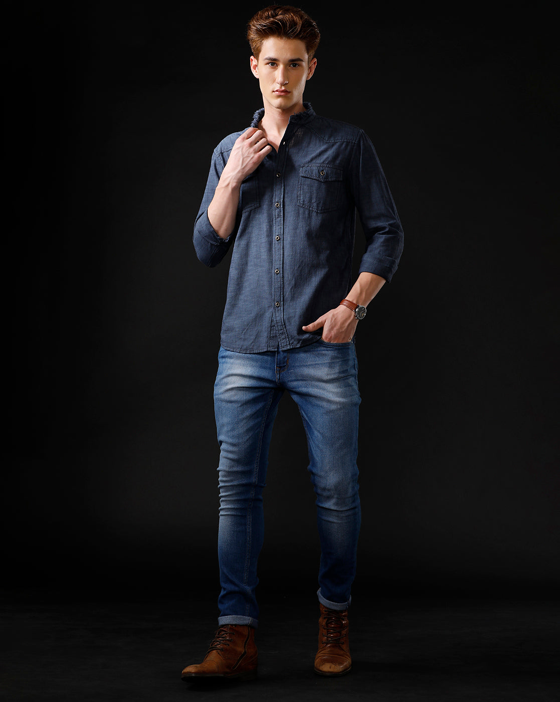 Men's Slim Fit Solid Denim Casual Shirt (MADON)