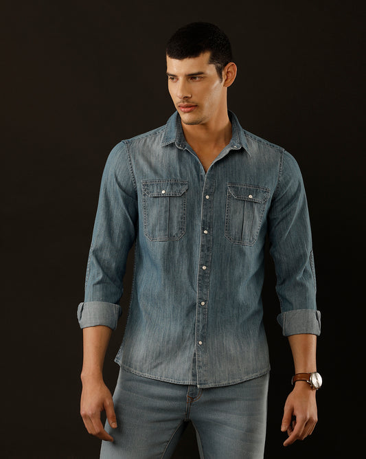 Men's Slim Fit Solid Denim Casual Shirt (POKER)
