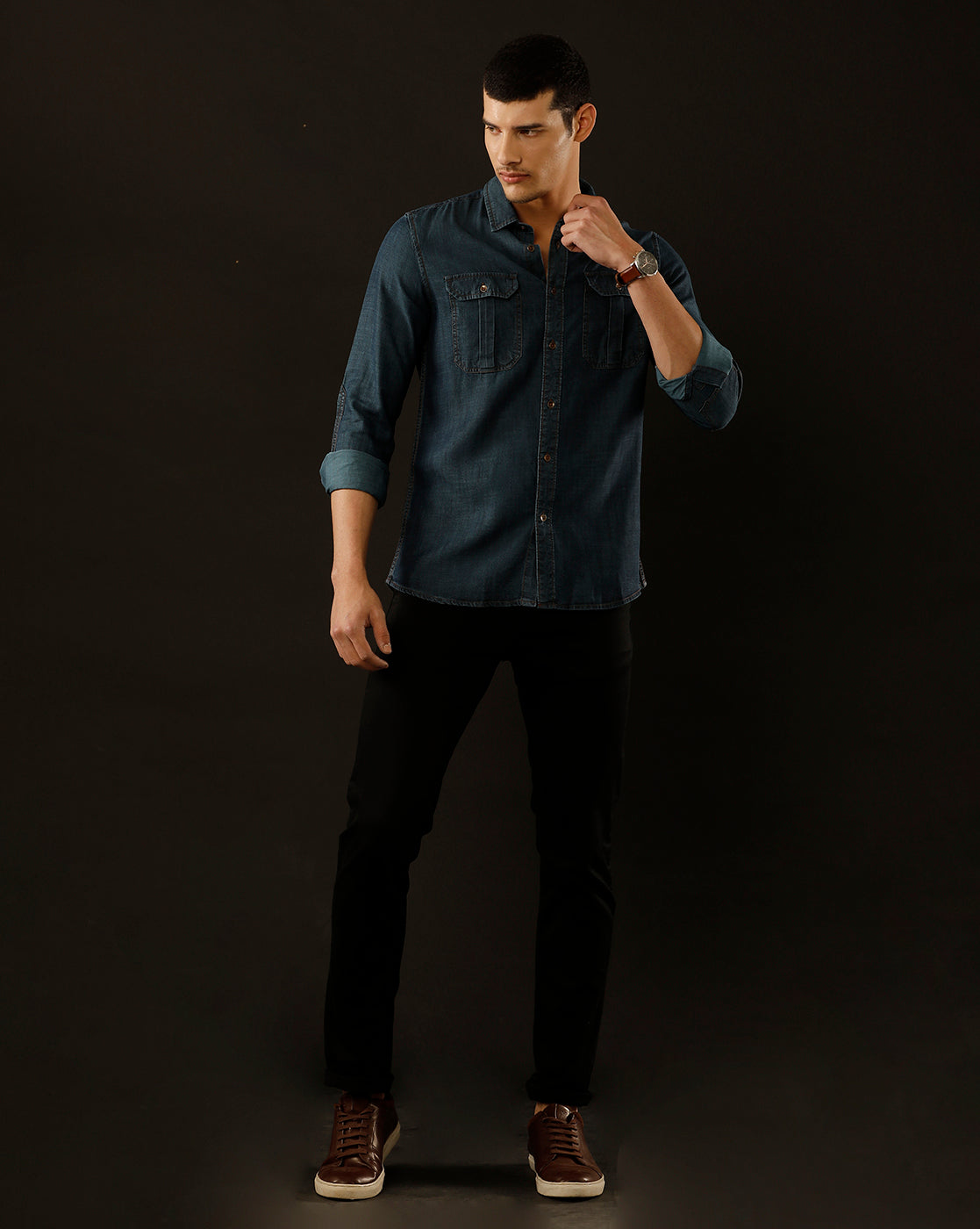 Men's Slim Fit Solid Denim Casual Shirt (POMPS)