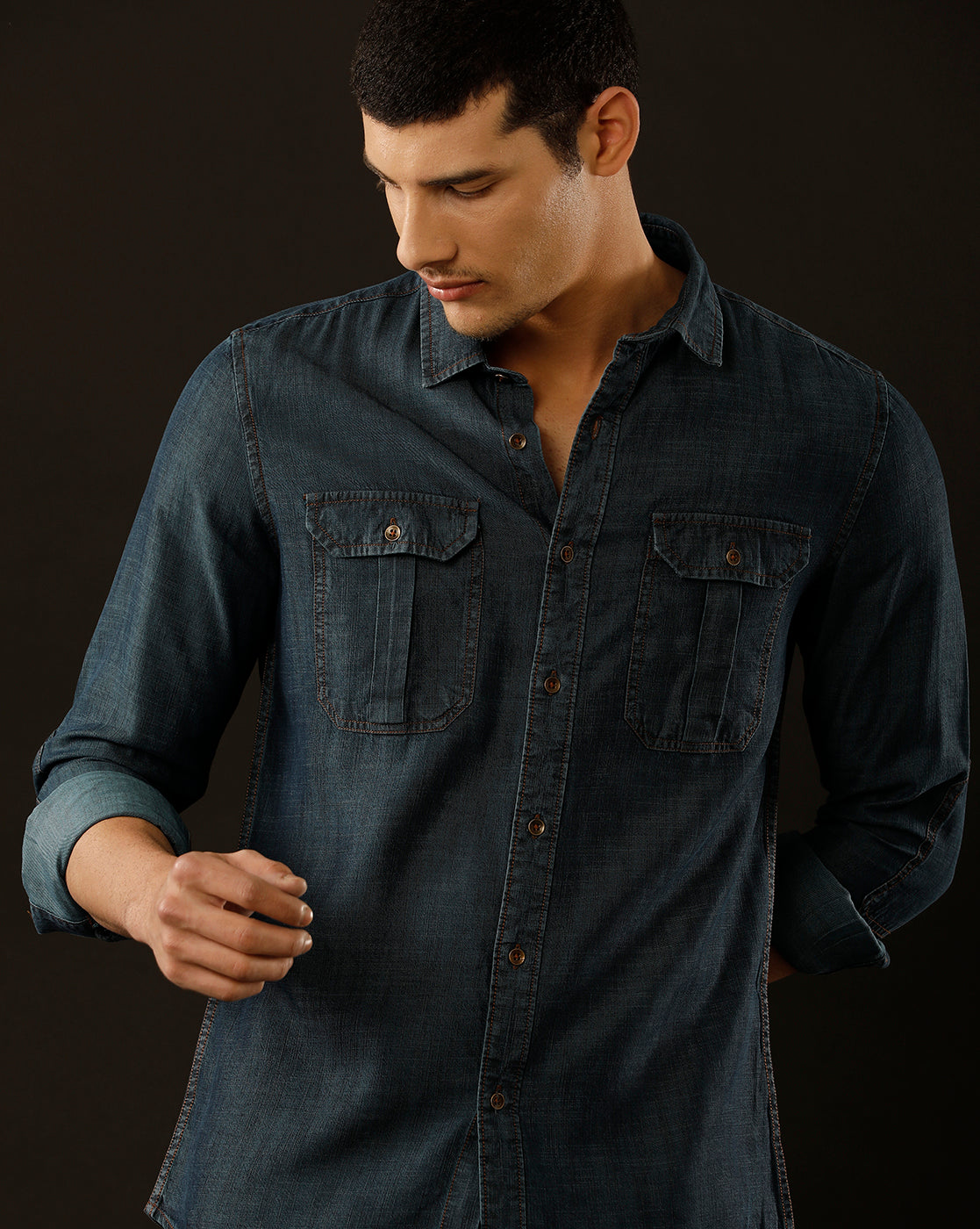 Men's Slim Fit Solid Denim Casual Shirt (POMPS)