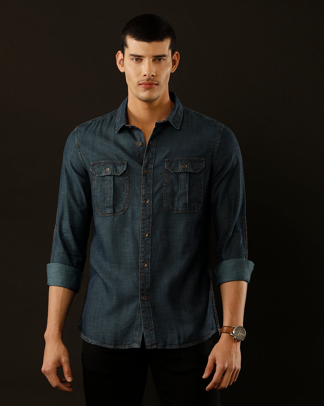 Men's Slim Fit Solid Denim Casual Shirt (POMPS)