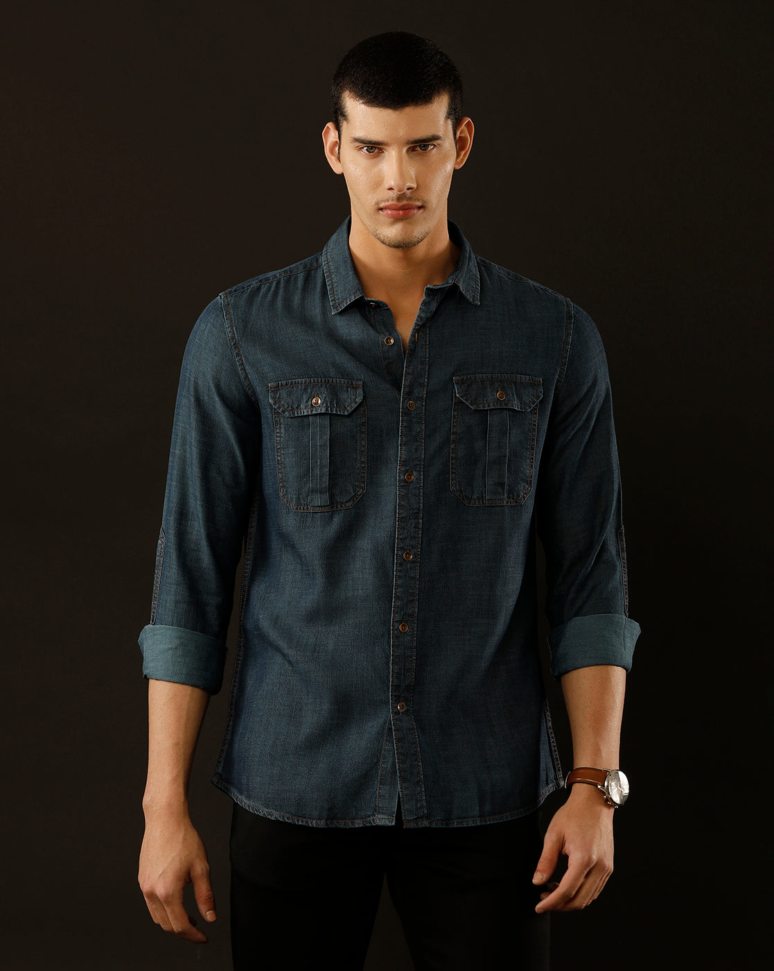 Men's Slim Fit Solid Denim Casual Shirt (POMPS)