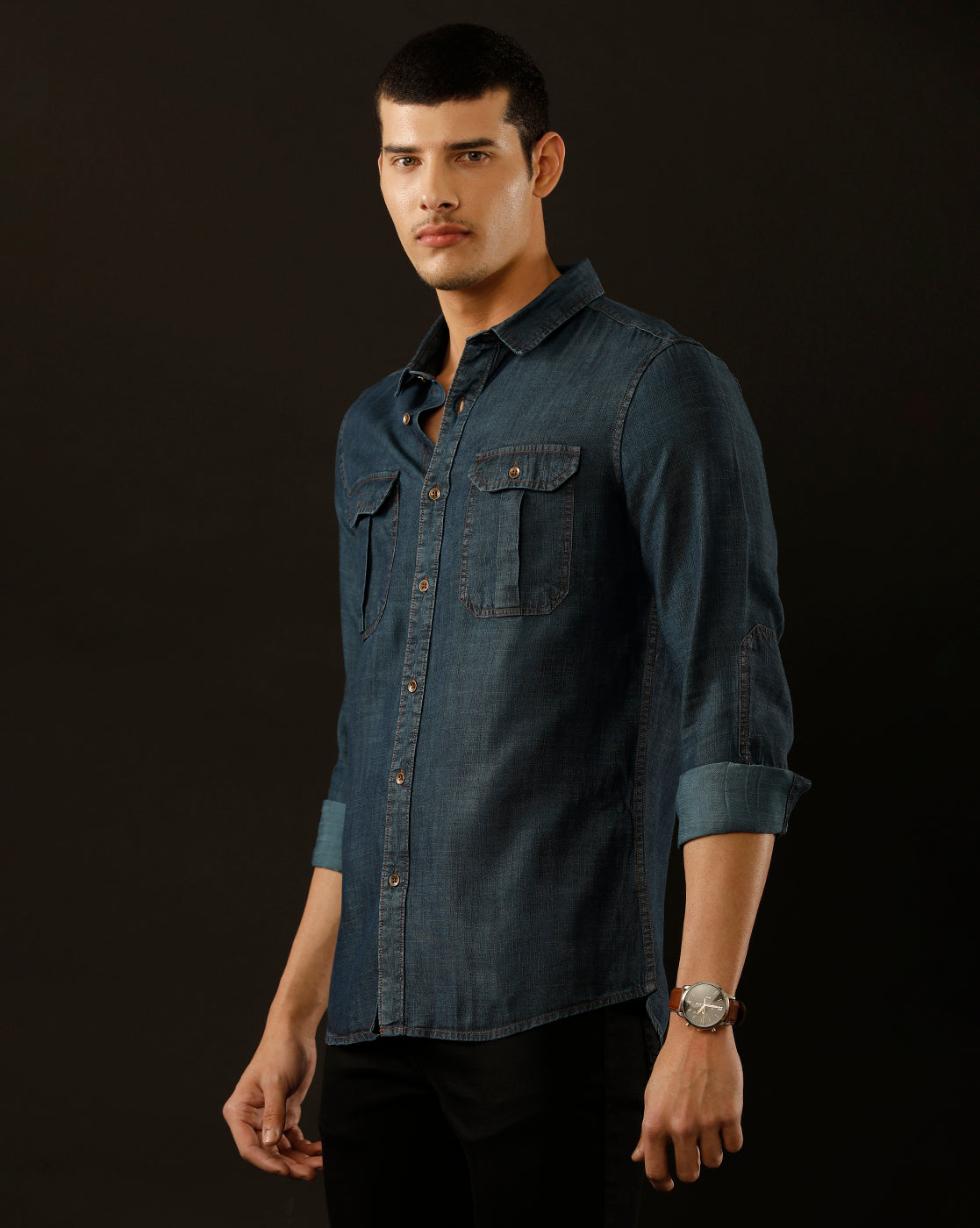 Men's Slim Fit Solid Denim Casual Shirt (POMPS)