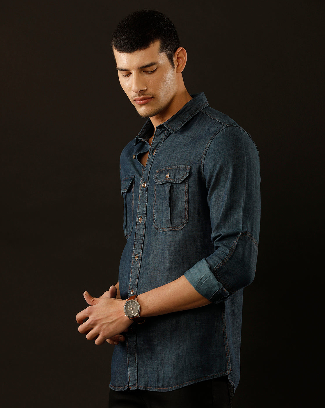 Men's Slim Fit Solid Denim Casual Shirt (POMPS)