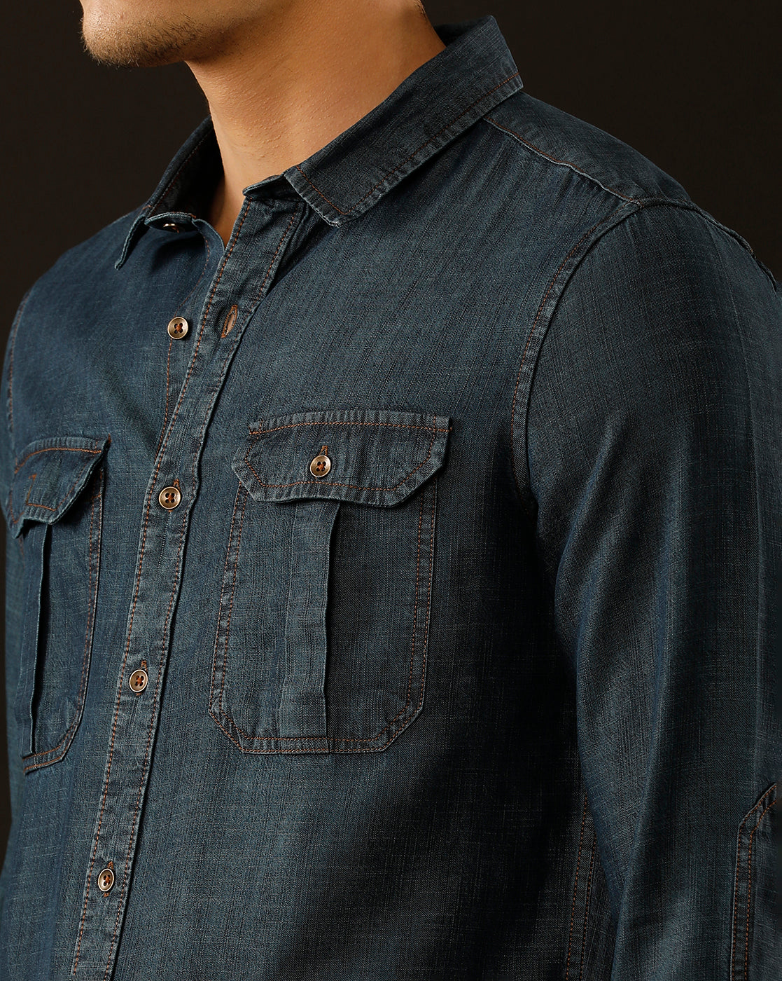 Men's Slim Fit Solid Denim Casual Shirt (POMPS)