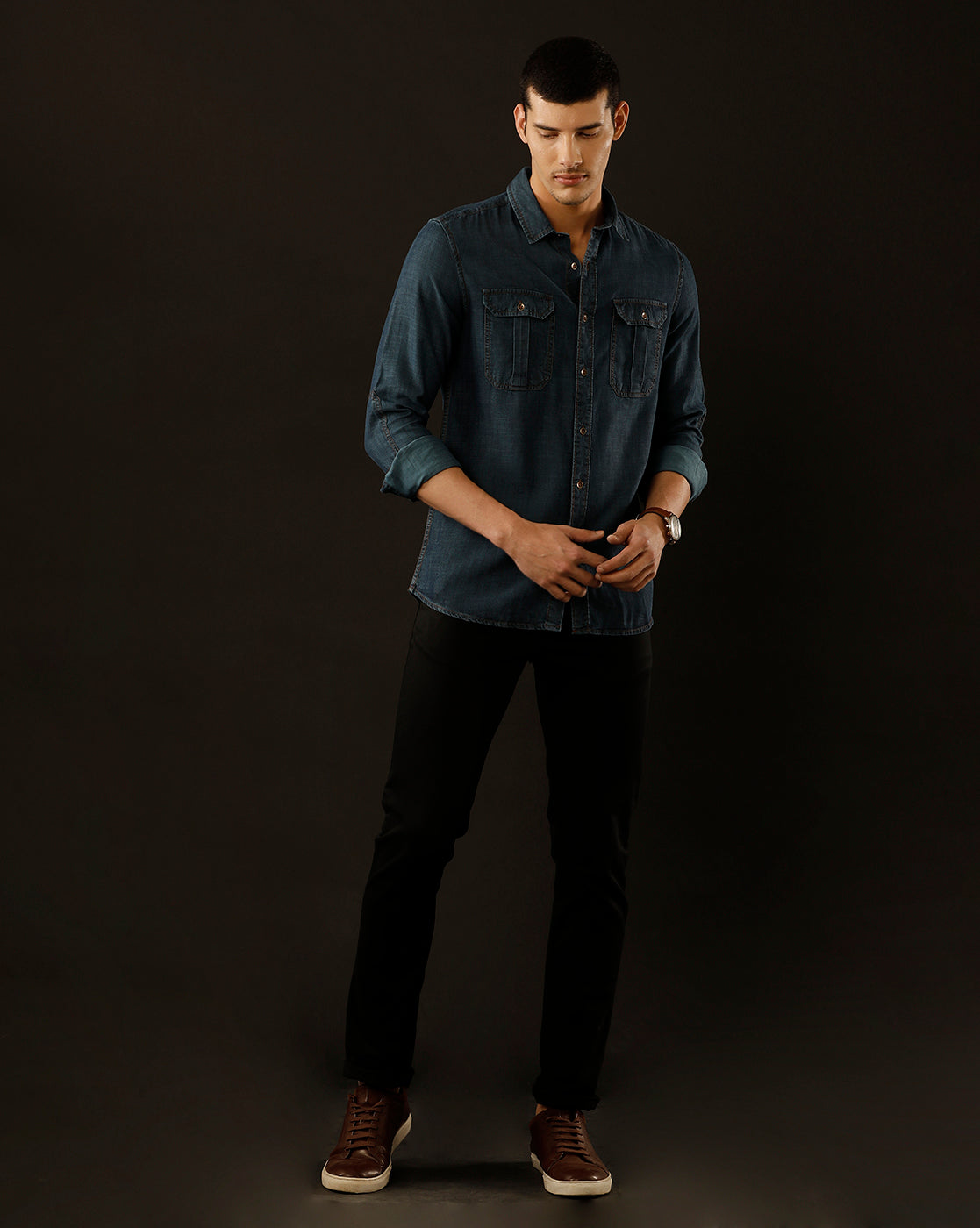 Men's Slim Fit Solid Denim Casual Shirt (POMPS)