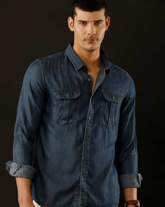 Men's Slim Fit Solid Denim Casual Shirt (PONDI)