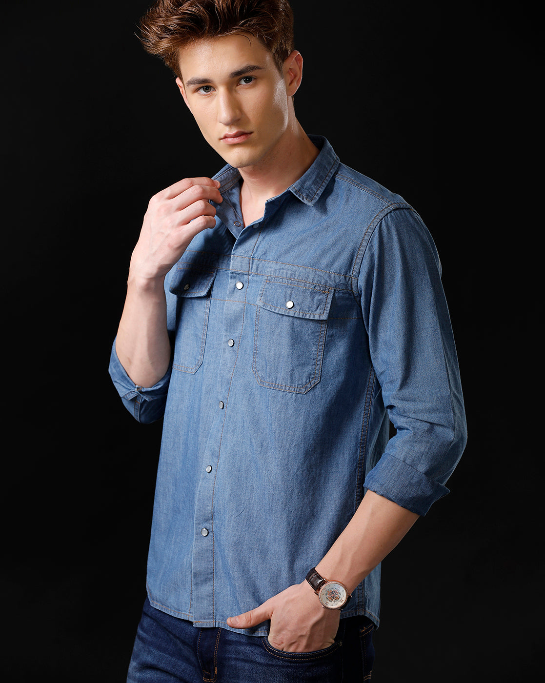 Men's Slim Fit Solid Denim Casual Shirt (STOPA)