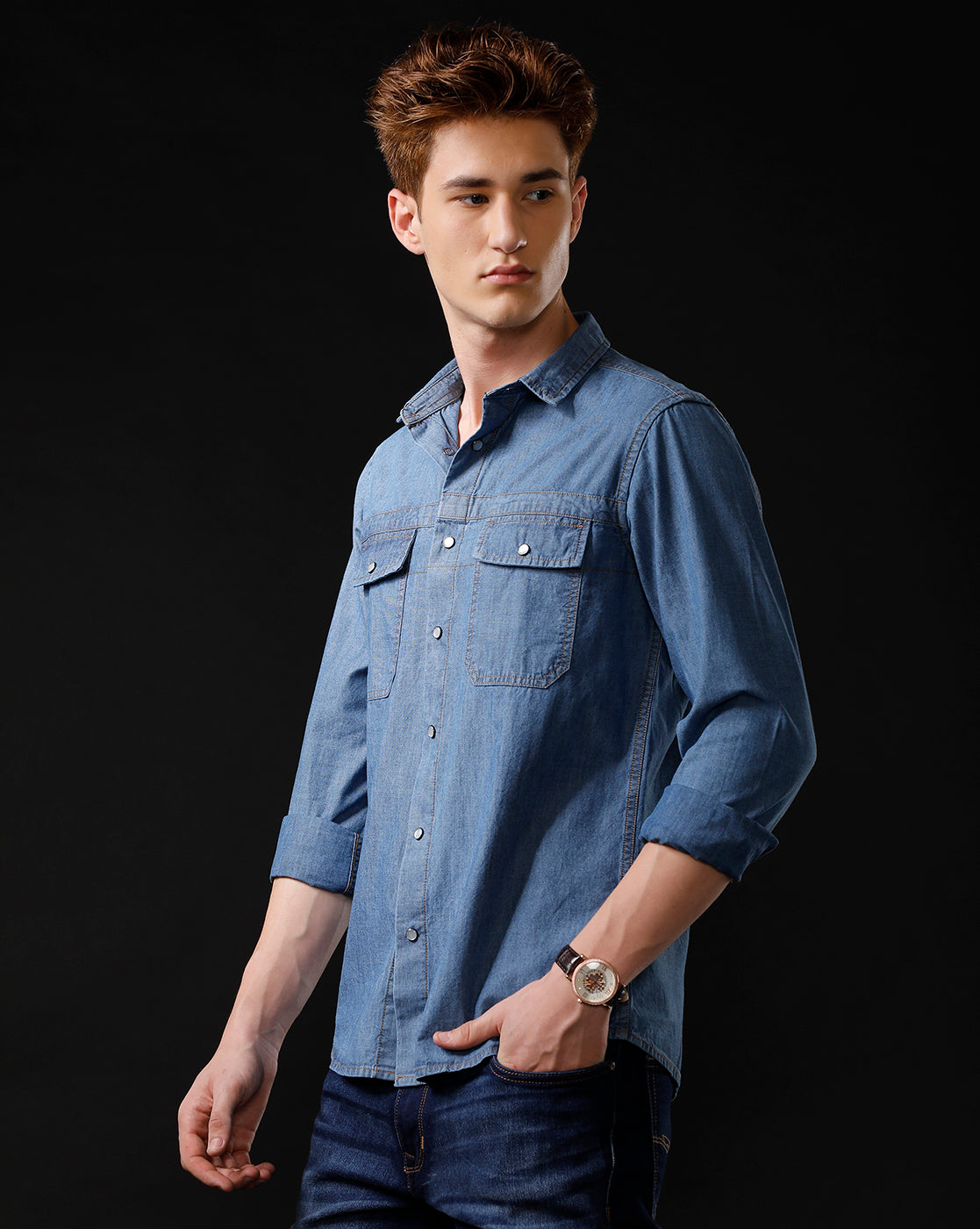 Men's Slim Fit Solid Denim Casual Shirt (STOPA)