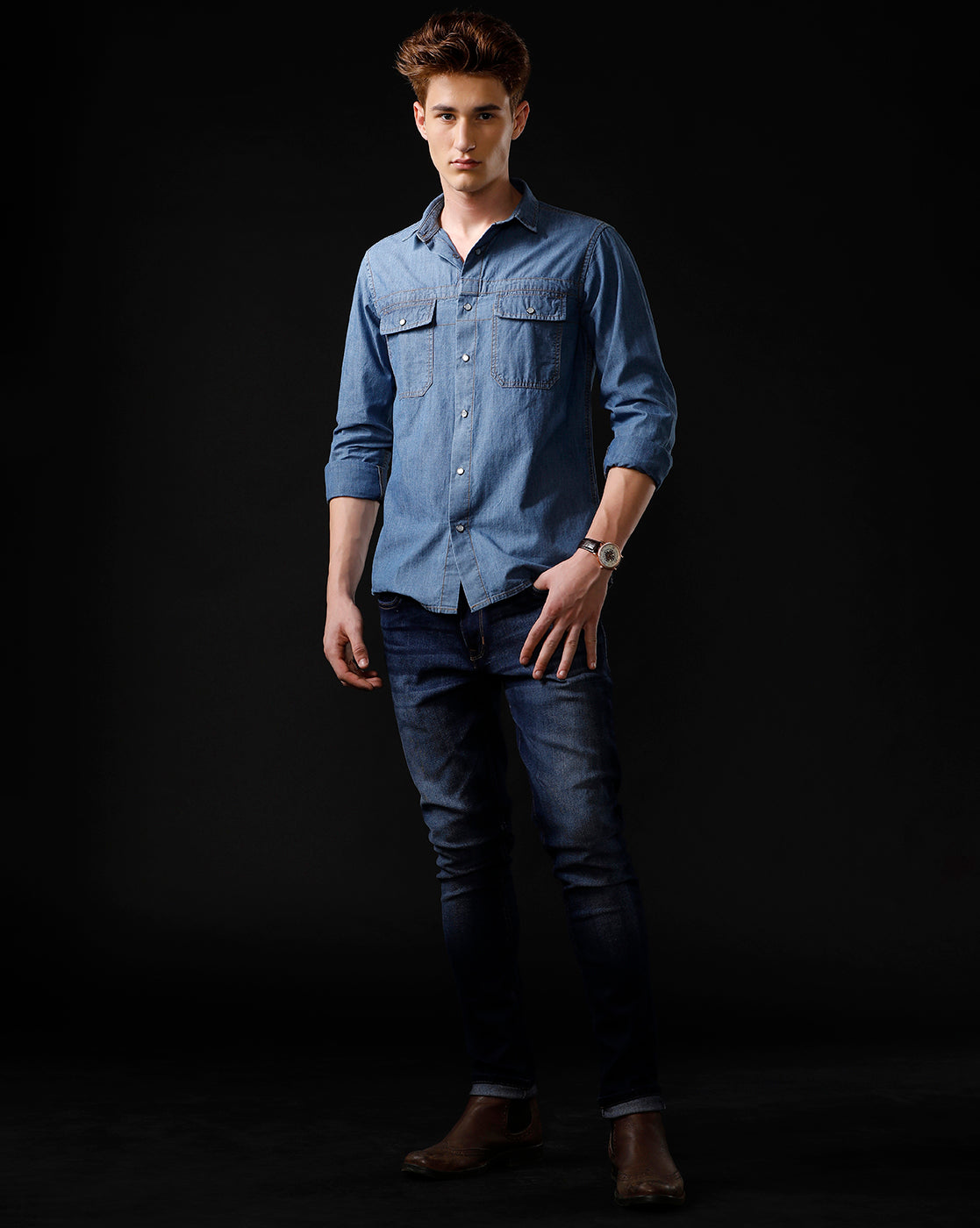 Men's Slim Fit Solid Denim Casual Shirt (STOPA)
