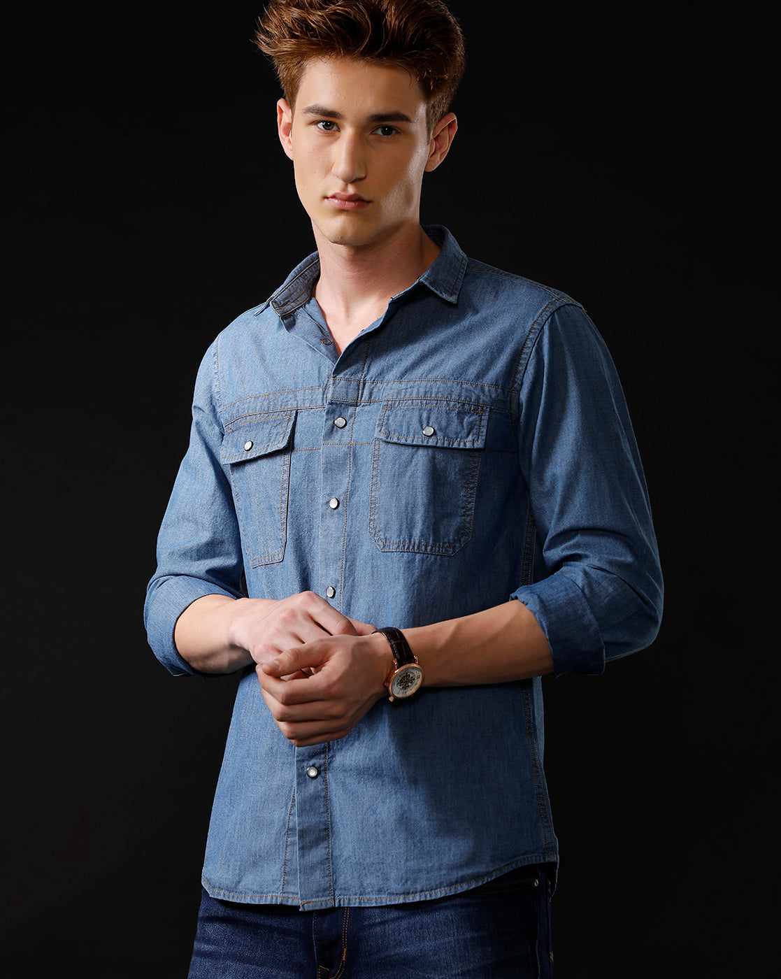 Men's Slim Fit Solid Denim Casual Shirt (STOPA)