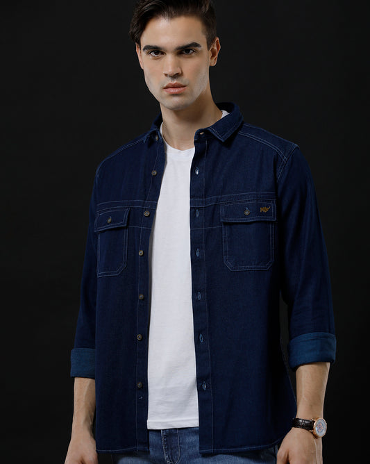 Men's Slim Fit Solid Denim Casual Shirt (SAINT)