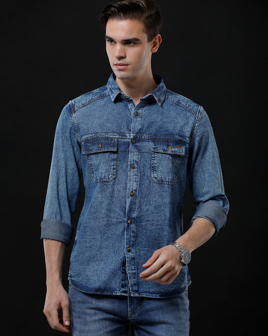 Men's Slim Fit Solid Denim Casual Shirt (SAZAN)