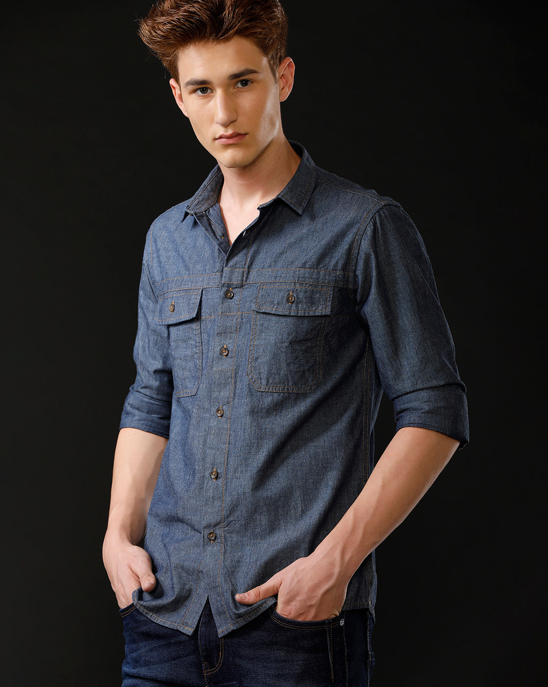 Men's Slim Fit Solid Denim Casual Shirt (STOUT)