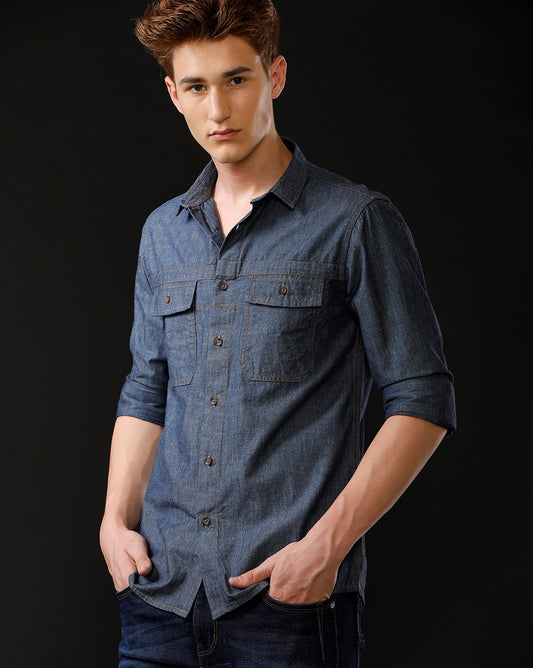 Men's Slim Fit Solid Denim Casual Shirt (STOUT)