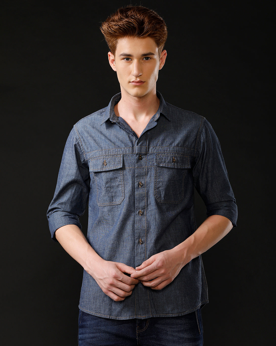 Men's Slim Fit Solid Denim Casual Shirt (STOUT)