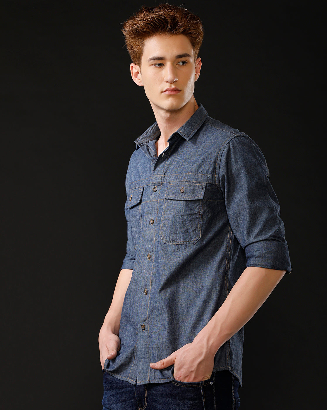 Men's Slim Fit Solid Denim Casual Shirt (STOUT)