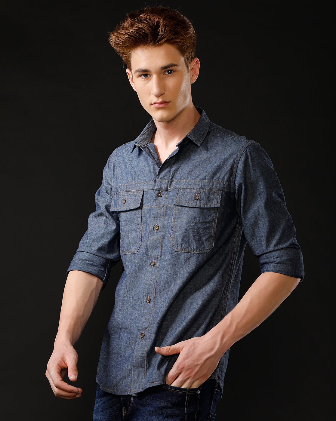 Men's Slim Fit Solid Denim Casual Shirt (STOUT)