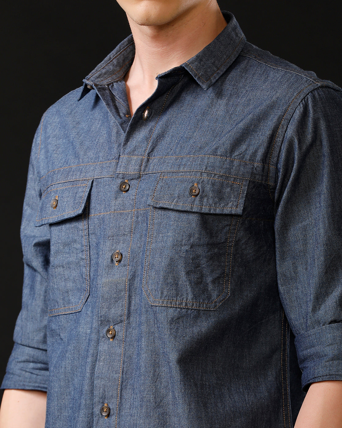 Men's Slim Fit Solid Denim Casual Shirt (STOUT)