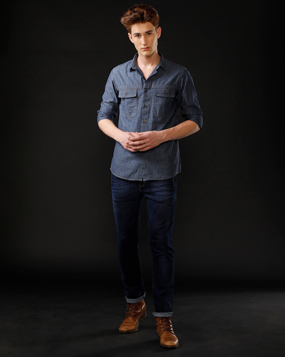 Men's Slim Fit Solid Denim Casual Shirt (STOUT)