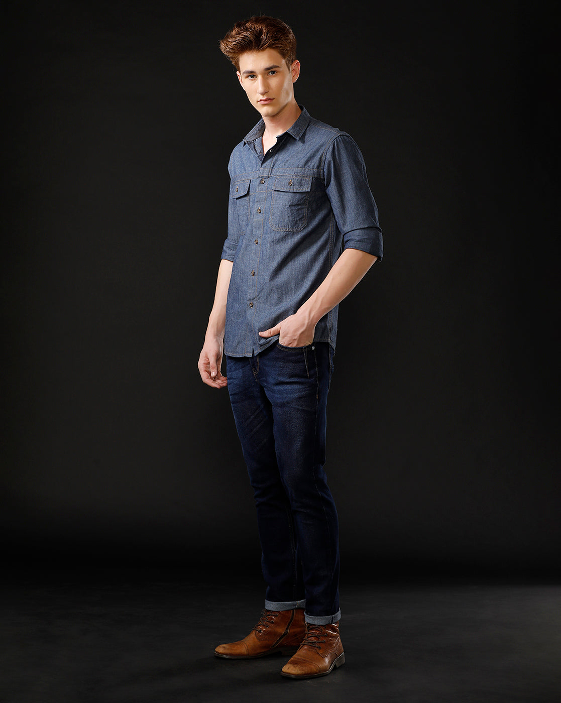 Men's Slim Fit Solid Denim Casual Shirt (STOUT)