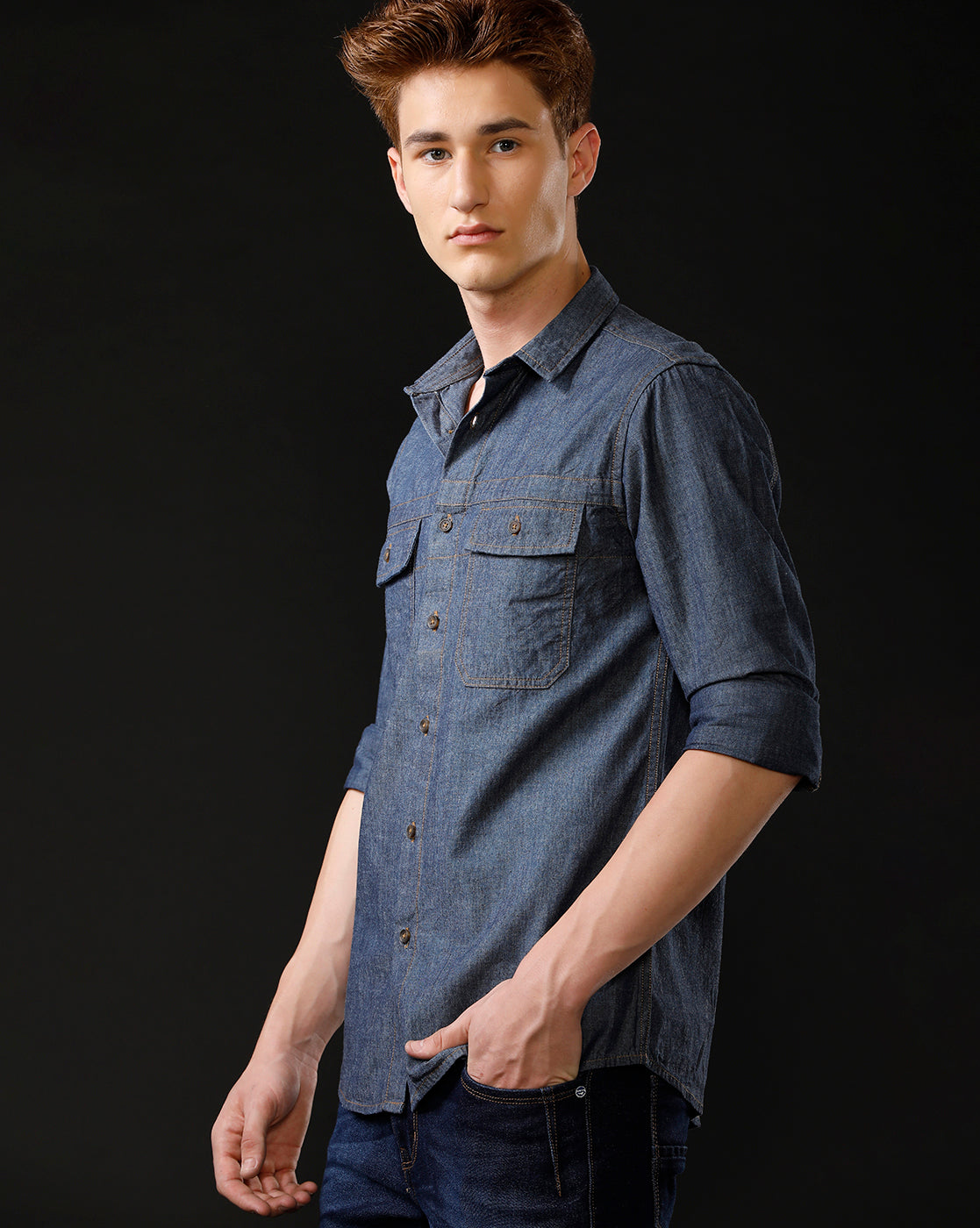 Men's Slim Fit Solid Denim Casual Shirt (STOUT)