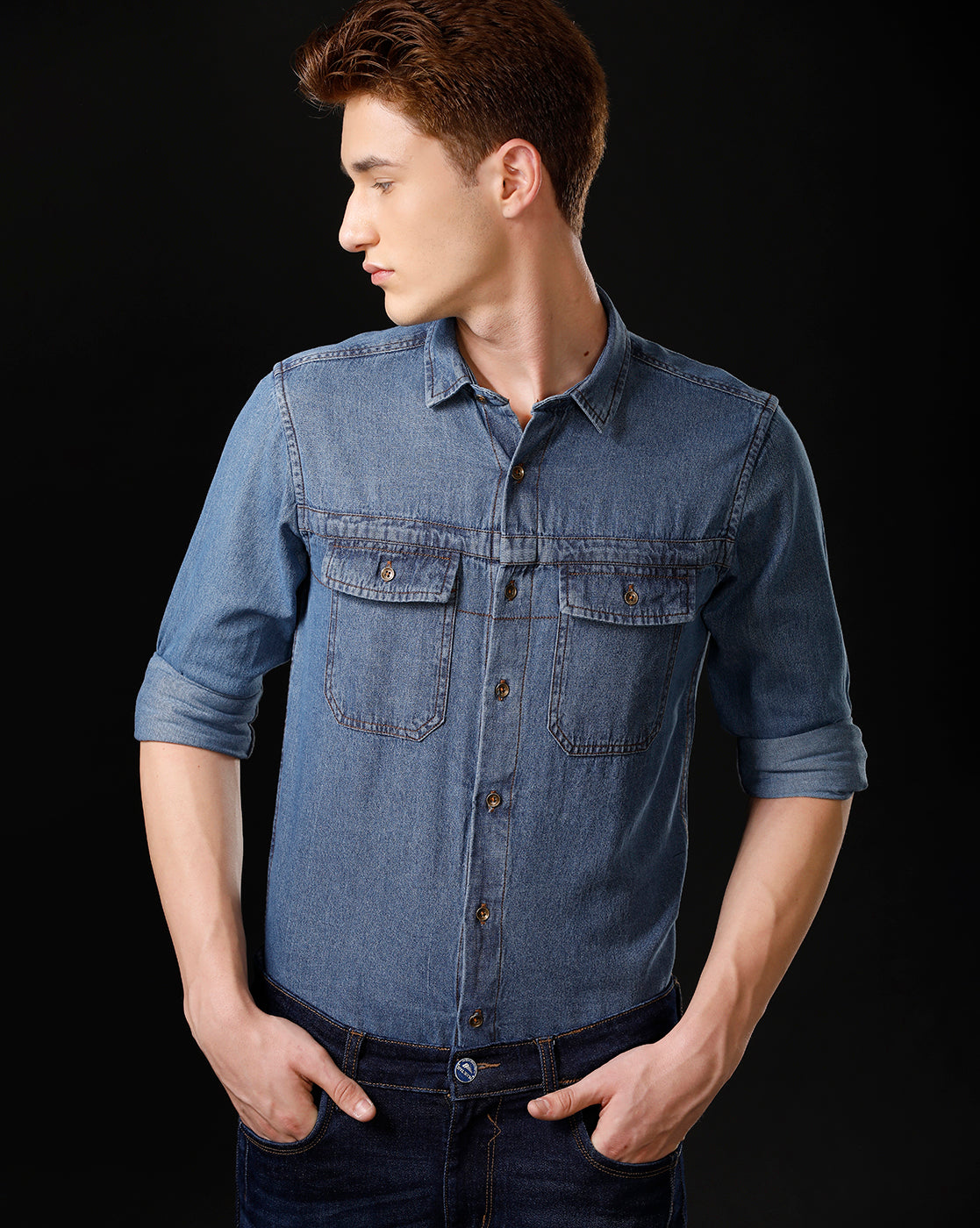 Men's Slim Fit Solid Denim Casual Shirt (STOUP)