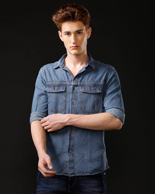 Men's Slim Fit Solid Denim Casual Shirt (STOUP)