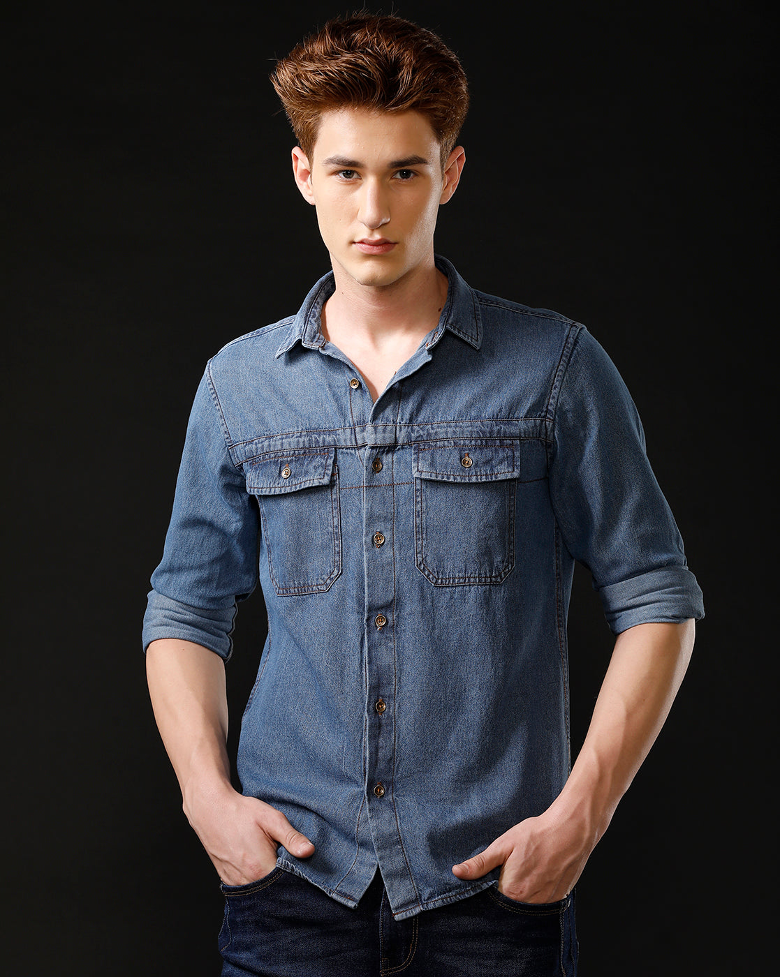 Men's Slim Fit Solid Denim Casual Shirt (STOUP)