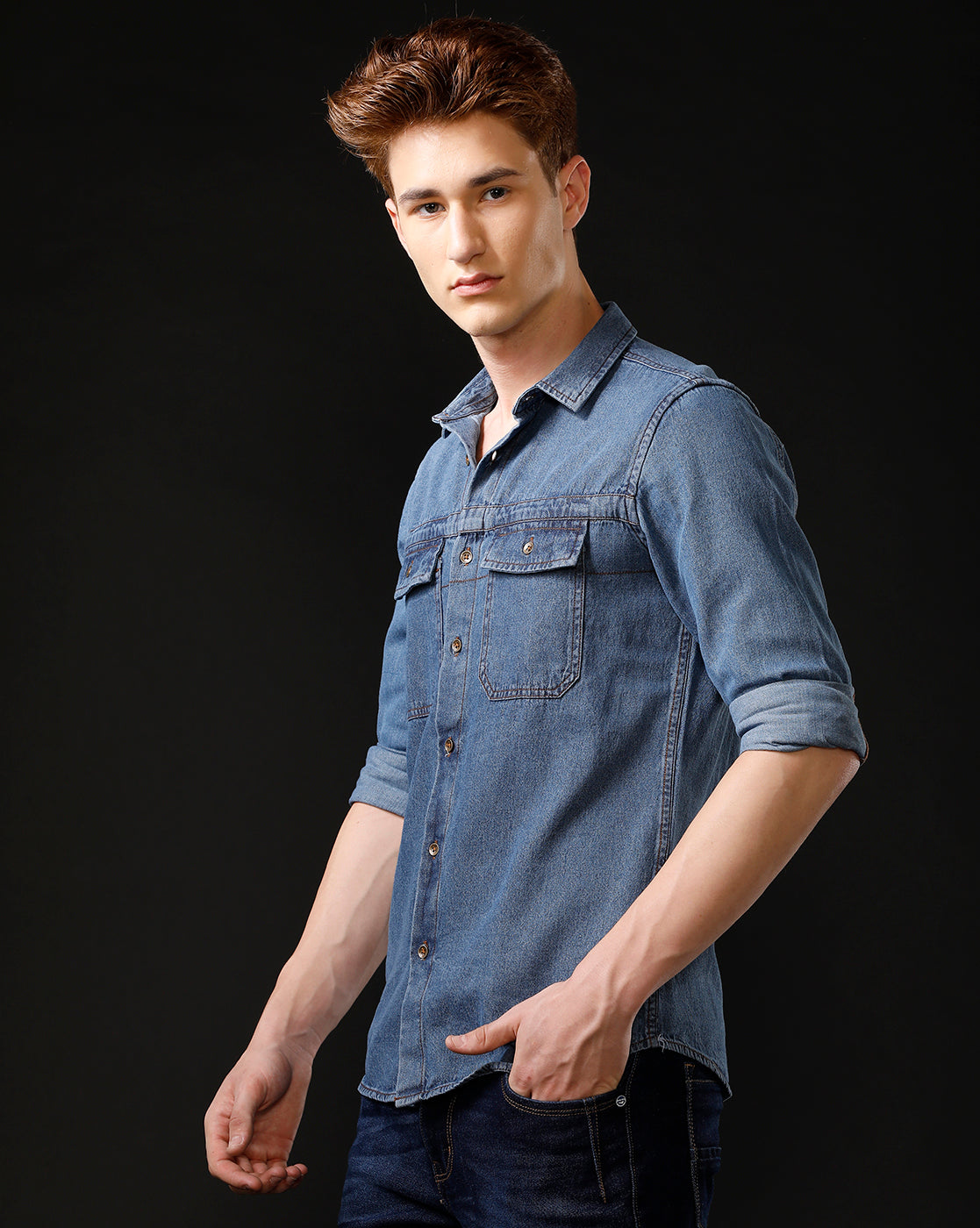 Men's Slim Fit Solid Denim Casual Shirt (STOUP)