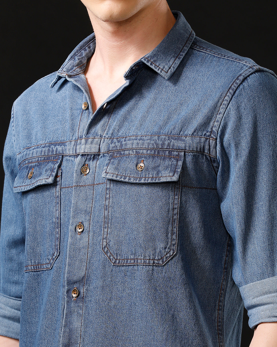 Men's Slim Fit Solid Denim Casual Shirt (STOUP)