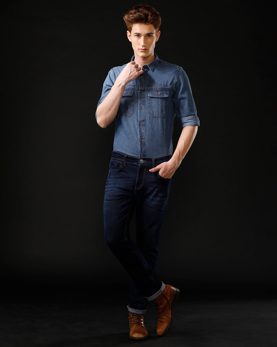 Men's Slim Fit Solid Denim Casual Shirt (STOUP)