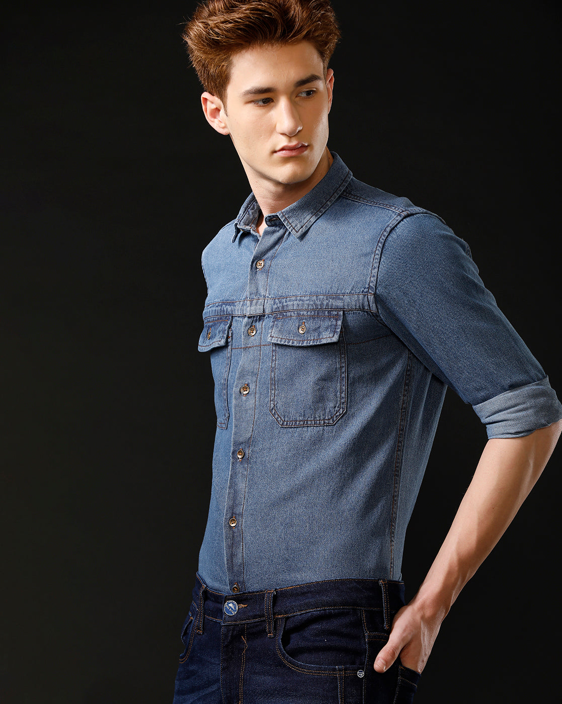 Men's Slim Fit Solid Denim Casual Shirt (STOUP)