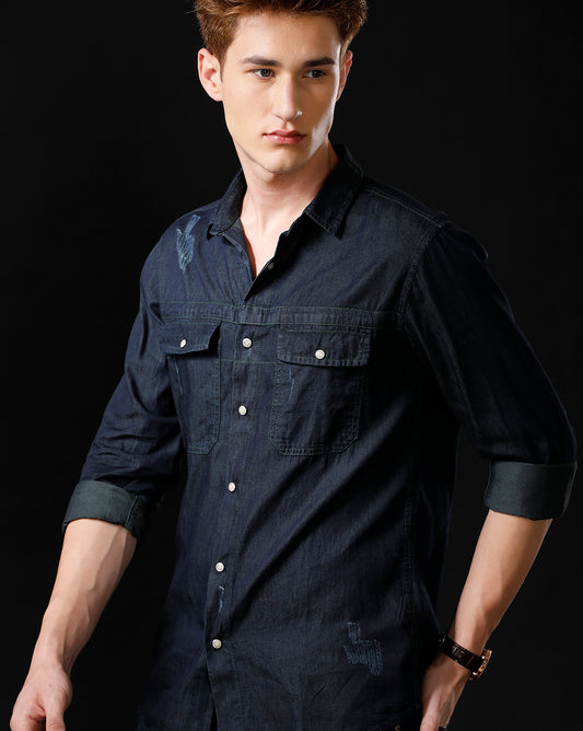 Men's Slim Fit Solid Denim Casual Shirt (STOGE)