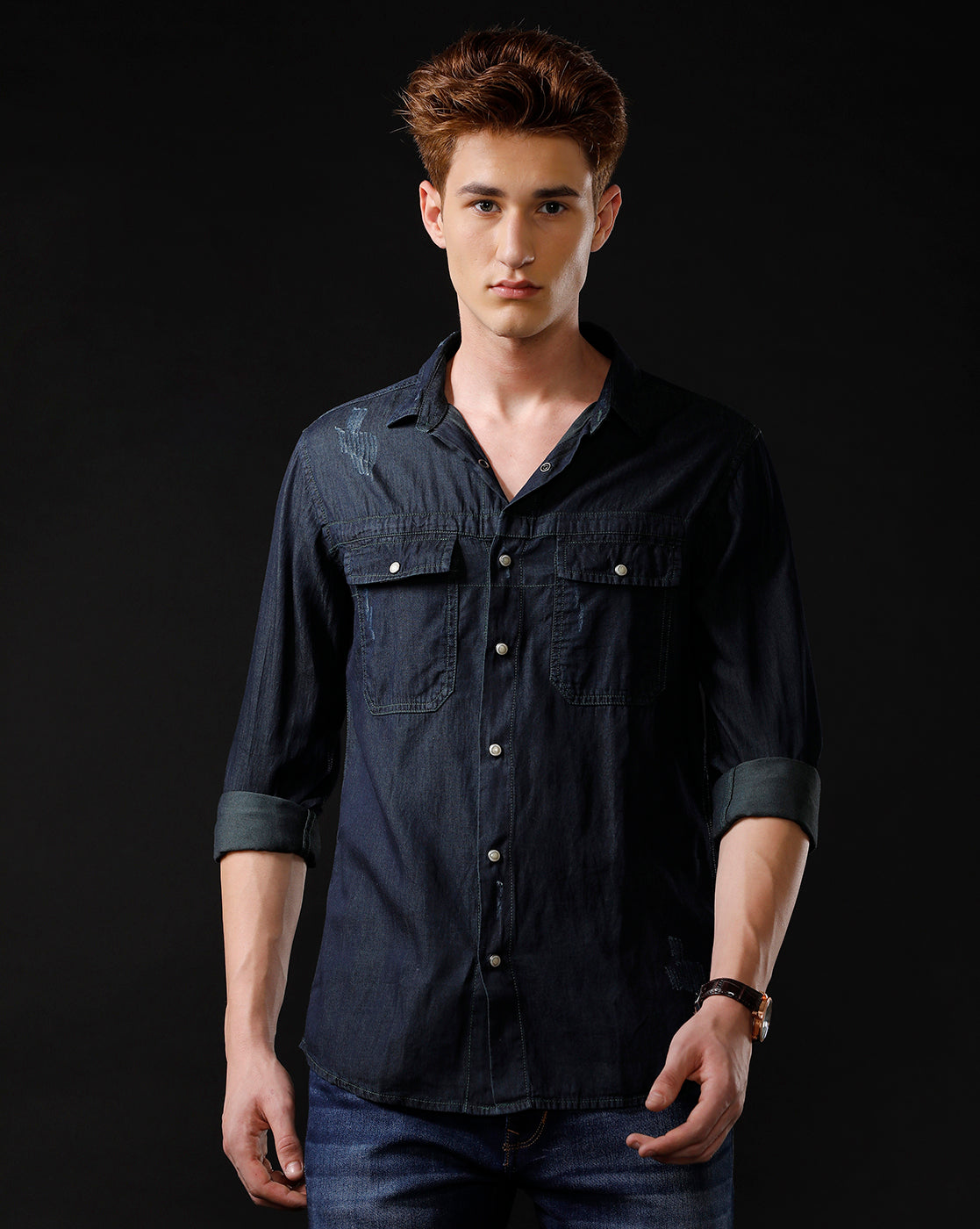 Men's Slim Fit Solid Denim Casual Shirt (STOGE)