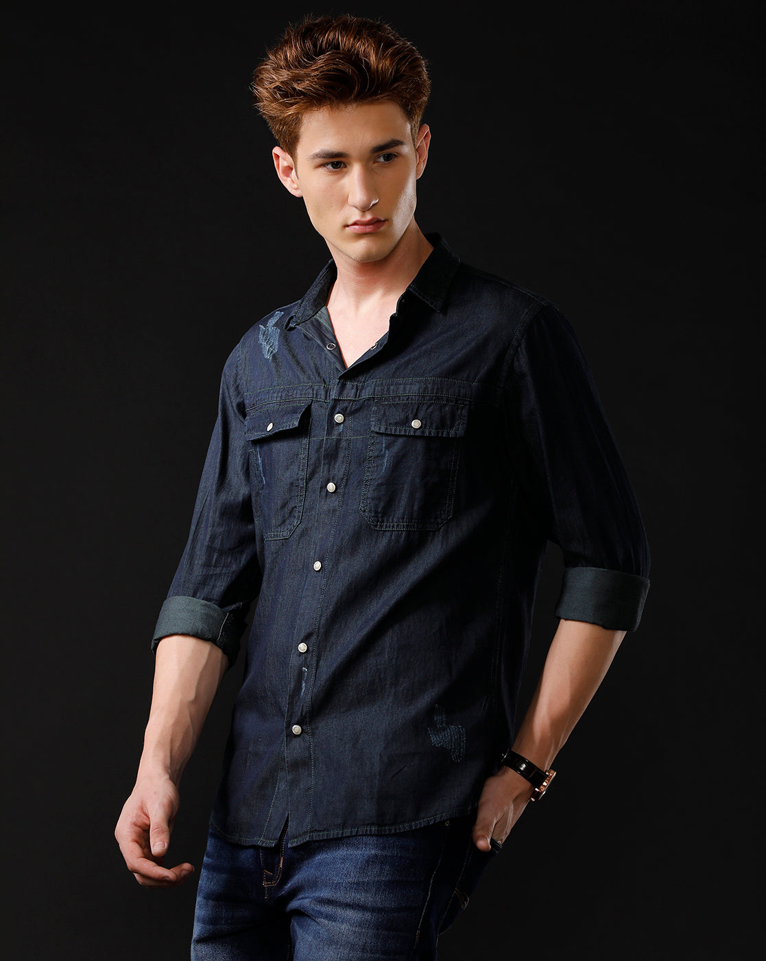 Men's Slim Fit Solid Denim Casual Shirt (STOGE)