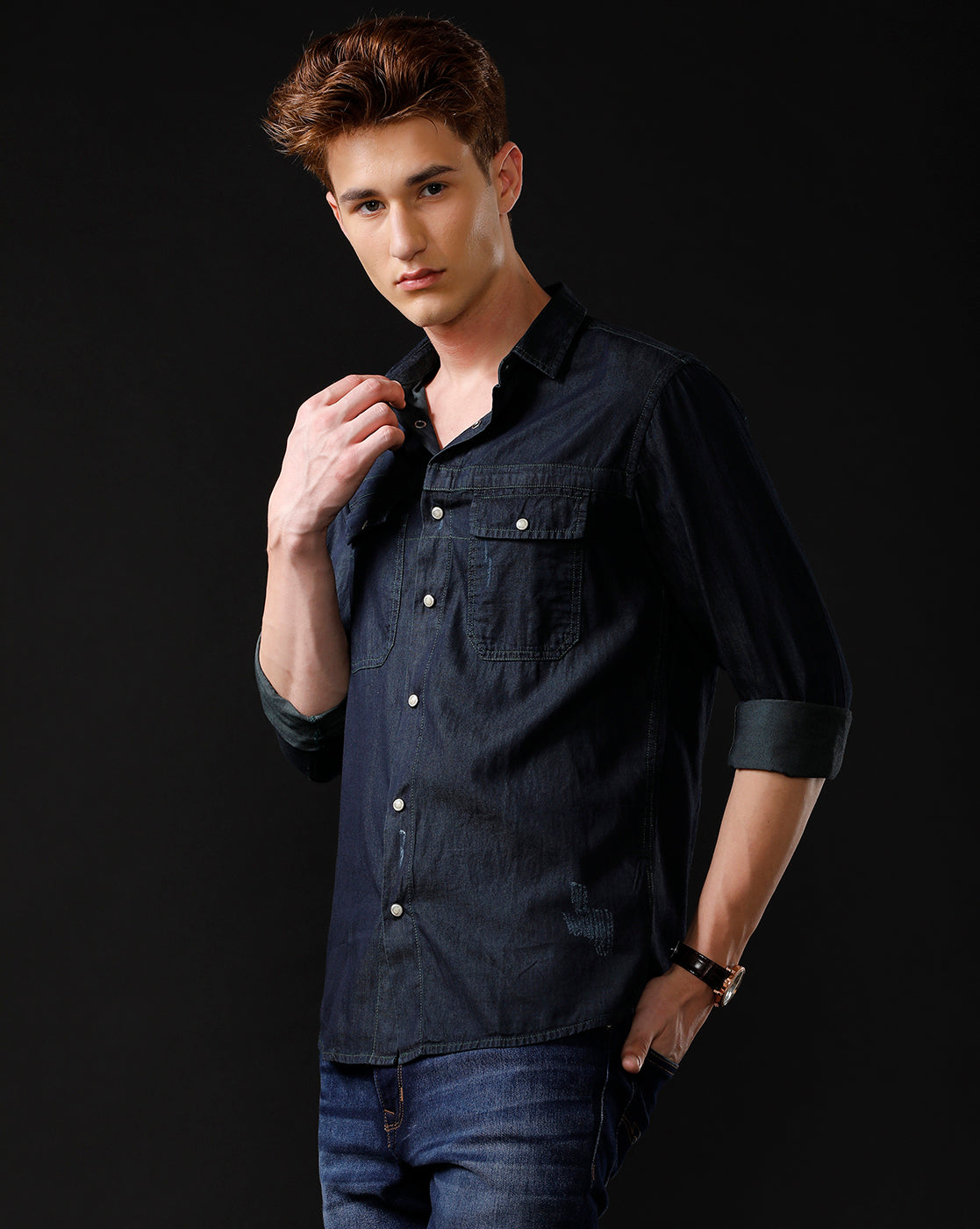 Men's Slim Fit Solid Denim Casual Shirt (STOGE)
