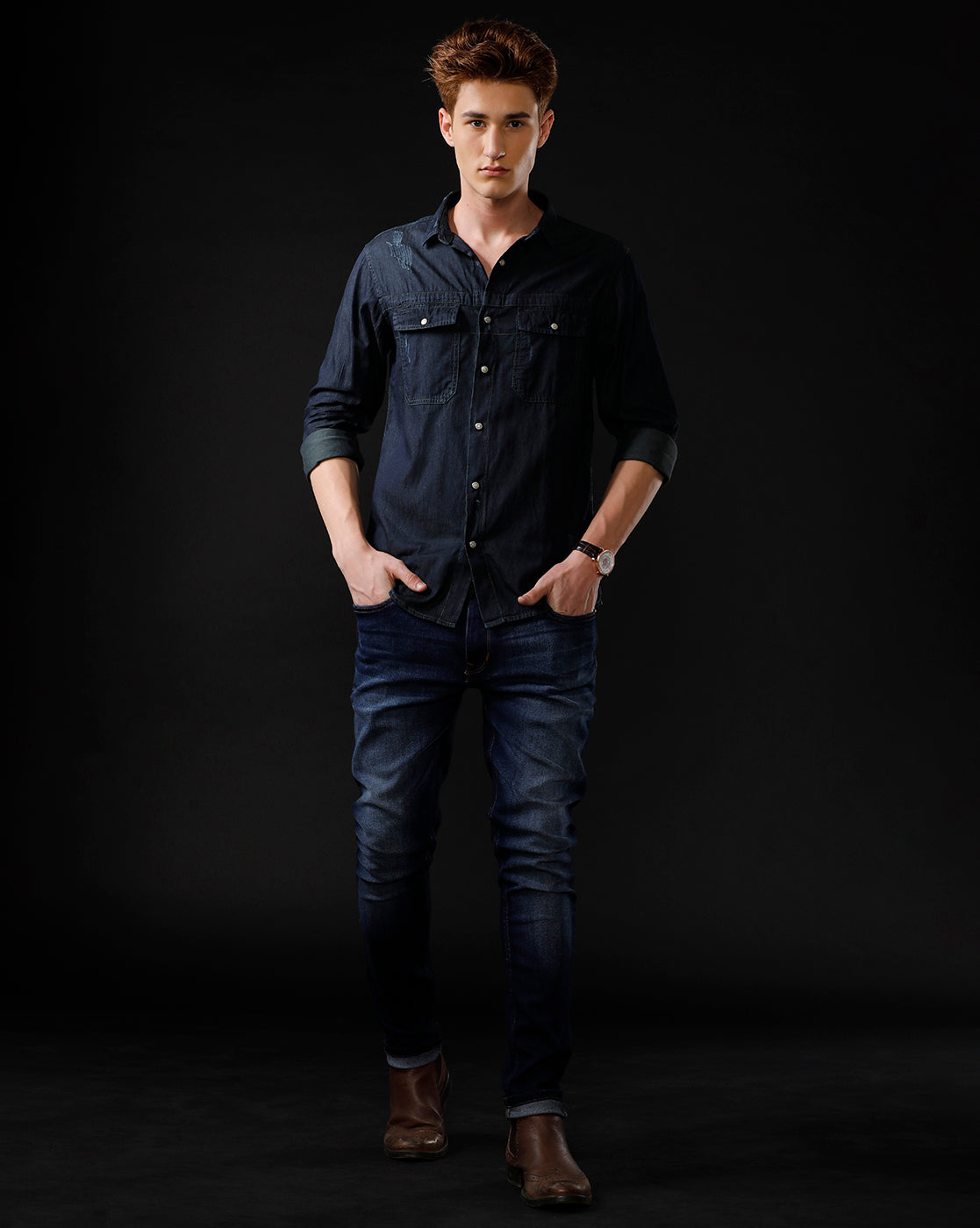 Men's Slim Fit Solid Denim Casual Shirt (STOGE)